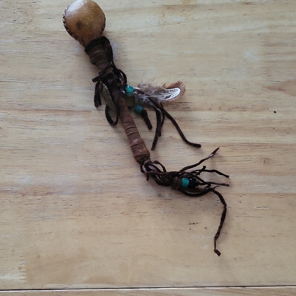 Handcrafted Tribal Rattle with Feathers and Beads